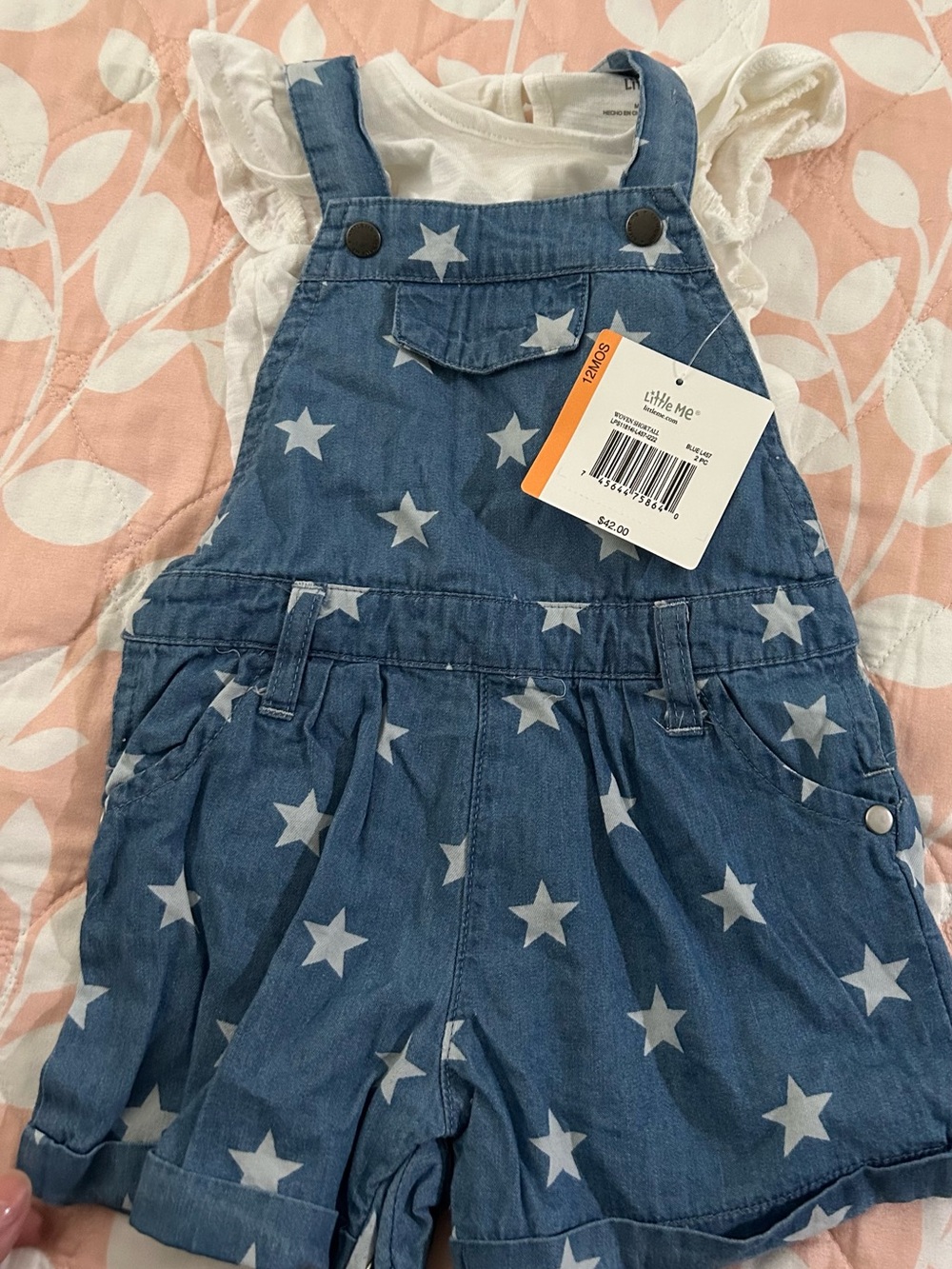 Little Me Denim Star-Print Short Overalls in Blue and White